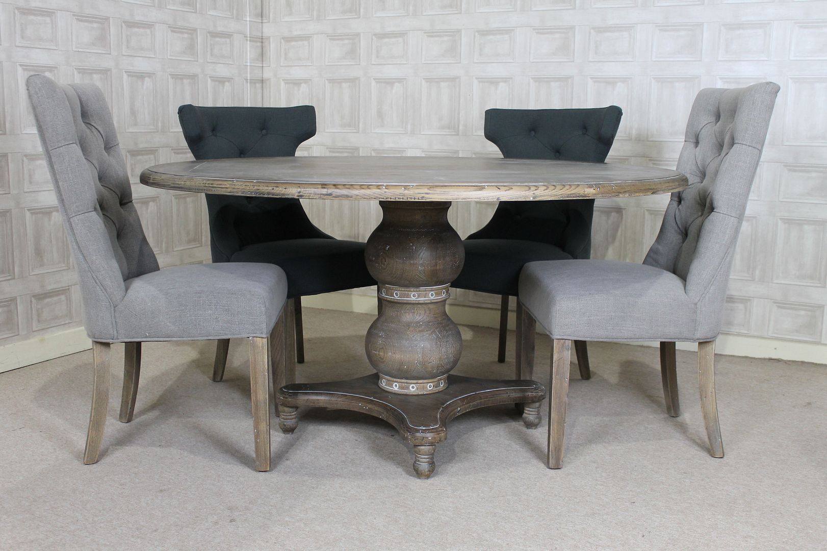 FRENCH STYLE UPHOLSTERED DINING CHAIR IN STONE WITH BUTTON BACK AND